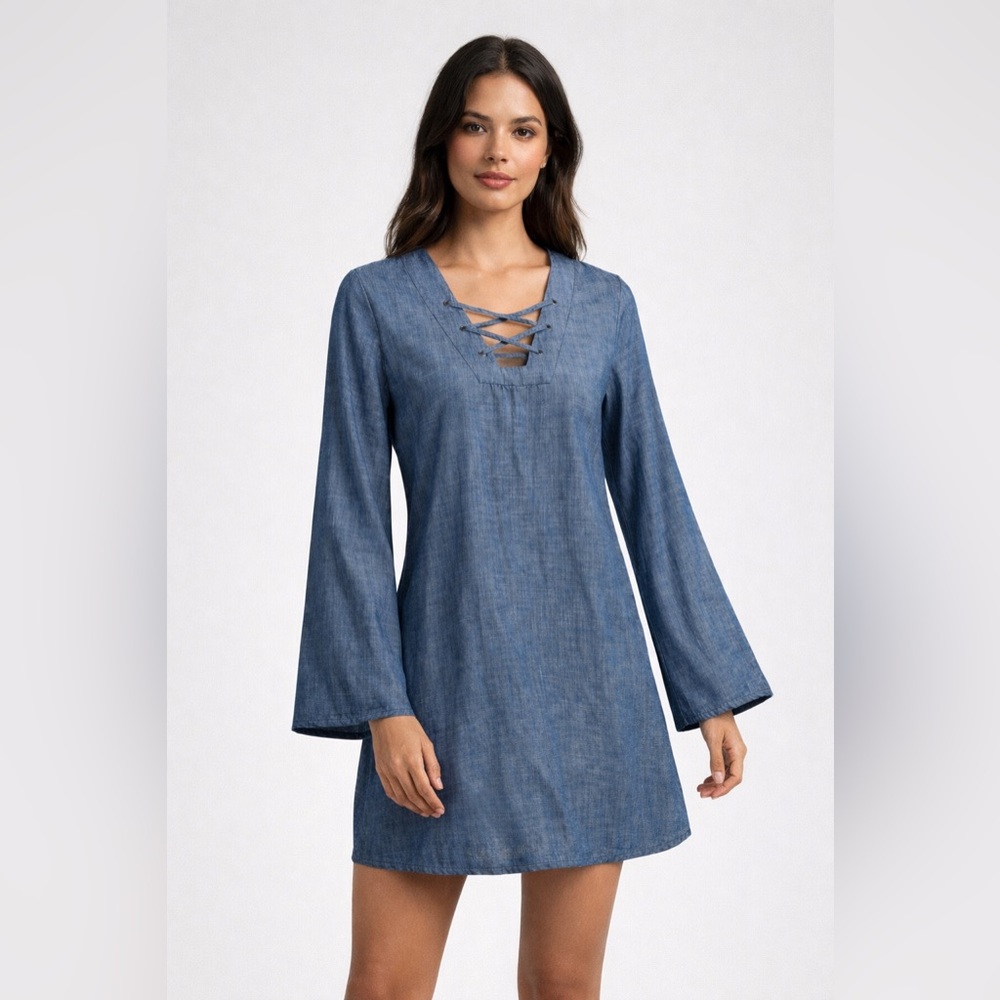 Gianni Bini Chambray Lace-Up Dress | Long Sleeve Casual Tunic Dress | Size Small